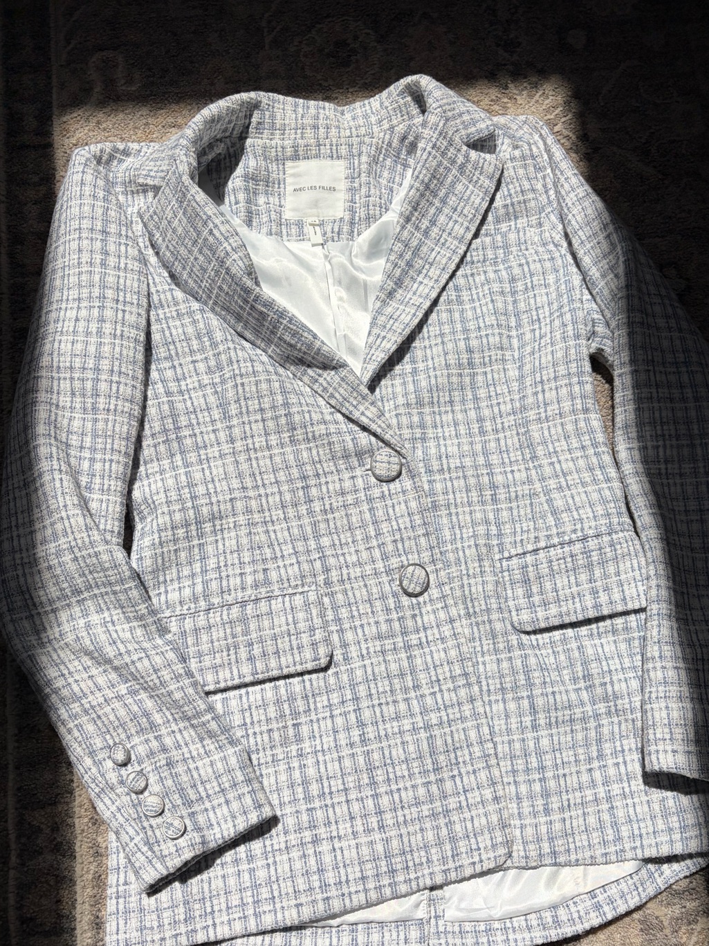 Avec Les Filles Pastel Blue Plaid Tweed Blazer